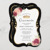 黒とエレガント金ゴールドピンクのフローラキンセアニェラ 招待状 (正面/裏面)