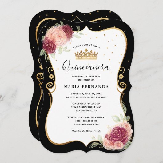 黒とエレガント金ゴールドピンクのフローラキンセアニェラ 招待状 (正面/裏面)