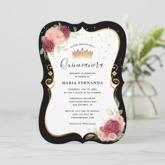 黒とエレガント金ゴールドピンクのフローラキンセアニェラ 招待状 (スタンド正面)