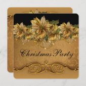 黒とエレガント金ゴールドポインセチアのクリスマスパーティー 招待状 (正面/裏面)