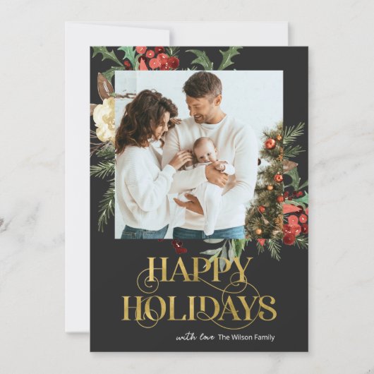 黒とエレガント金ゴールドポインセチア写真クリスマス シーズンカード (正面)