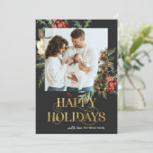 黒とエレガント金ゴールドポインセチア写真クリスマス シーズンカード (スタンド正面)