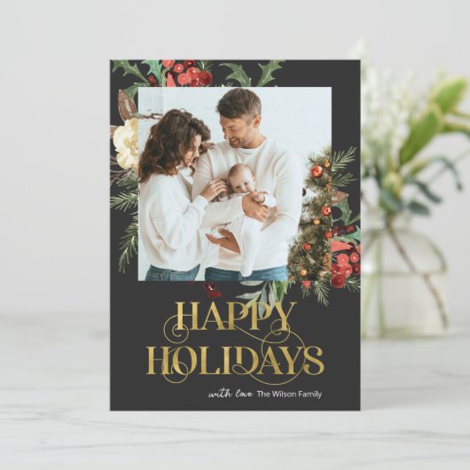 黒とエレガント金ゴールドポインセチア写真クリスマス シーズンカード (スタンド正面)