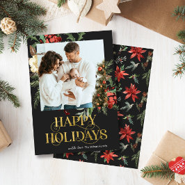 黒とエレガント金ゴールドポインセチア写真クリスマス シーズンカード