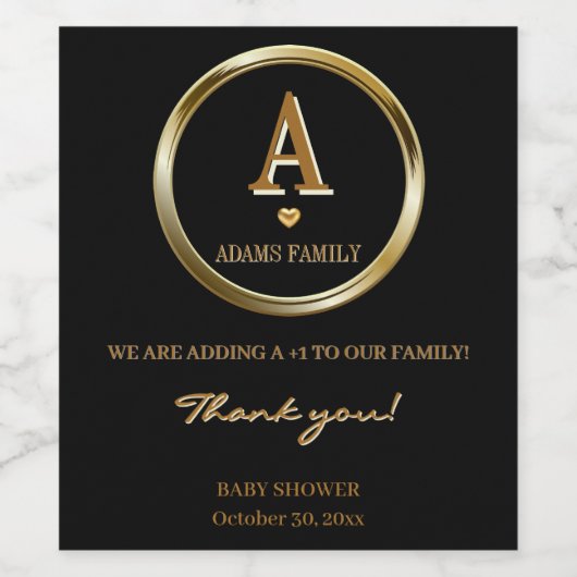 黒とエレガント金ゴールドモノグラム家族の赤ちゃんシャワー ワインラベル (シングルラベル)