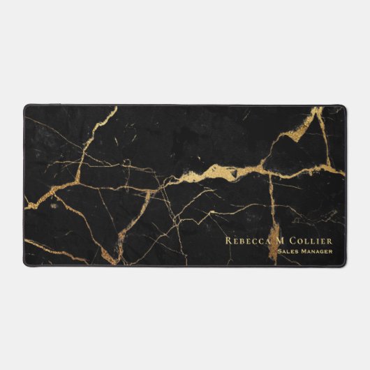 黒とエレガント金ゴールド大理石の外観、名前とタイトル デスクマット (正面)