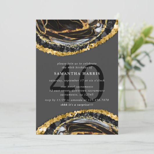 黒とエレガント金ゴールド大理石40th誕生日パーティー 招待状 (スタンド正面)