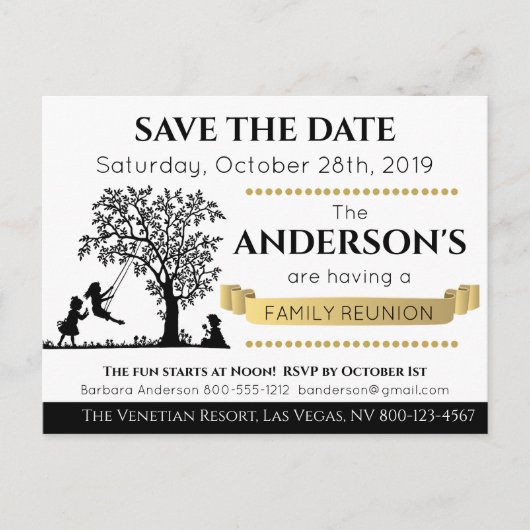 黒とエレガント金ゴールド日付の保存ファミリ懇親会 インビテーションポストカード (正面)