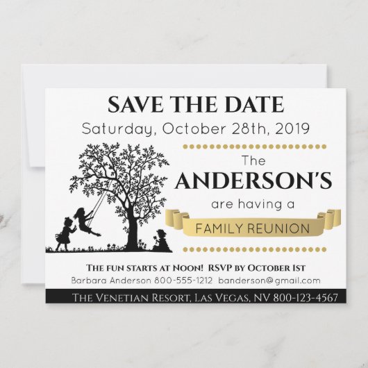 黒とエレガント金ゴールド日付の保存ファミリ懇親会 招待状 (正面)