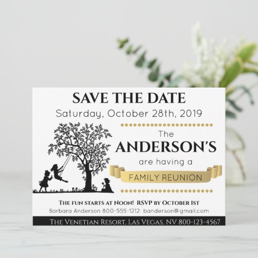 黒とエレガント金ゴールド日付の保存ファミリ懇親会 招待状 (スタンド正面)