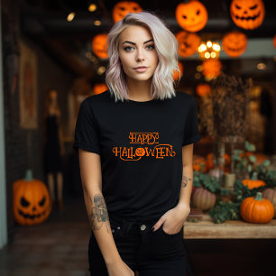 黒とオレンジのハッピーハローウィン骨タイポグラフィ Tシャツ