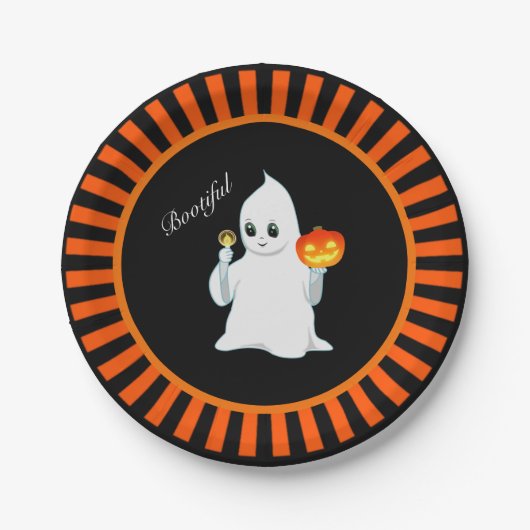 黒とオレンジのハロウィンのおばけとかぼちゃ ペーパープレート (正面)