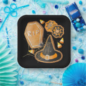 黒とオレンジのハロウィンハット棺スパイダーウェブ ペーパープレート (パーティー)