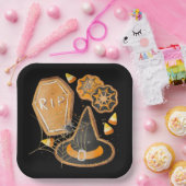 黒とオレンジのハロウィンハット棺スパイダーウェブ ペーパープレート (パーティー)