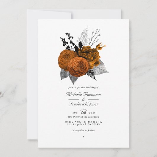 黒とオレンジのハロウィーンフローラQRコー結婚ド 招待状 (正面)