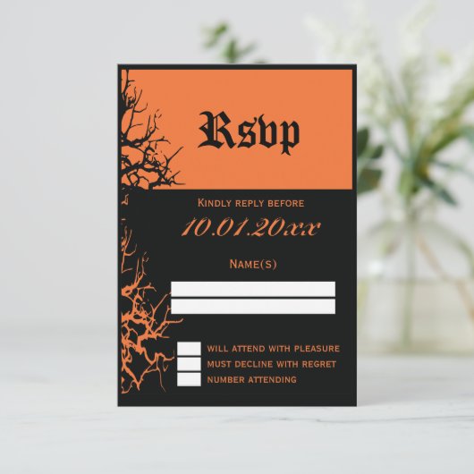 黒とオレンジのハロウィーン結婚式RSVPカード 出欠カード (スタンド正面)