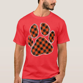 黒とオレンジのバッファローの格子柄の犬の手のプリント Tシャツ