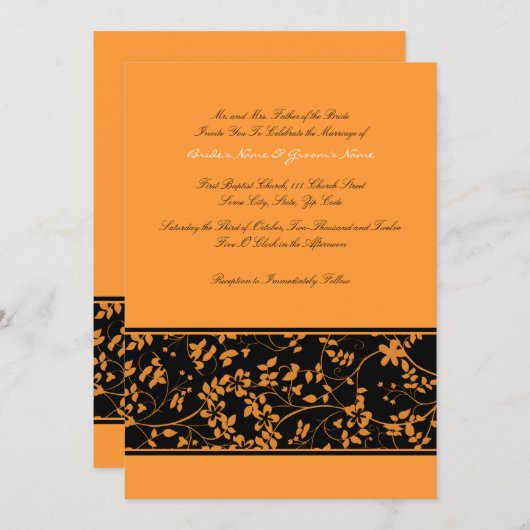 黒とオレンジのフローラアクセント結婚式招待状 招待状 (正面/裏面)