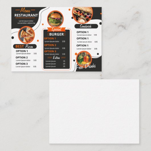 黒とオレンジのレストラエレガントンのメニューテンプレート ノートカード (正面/裏面)