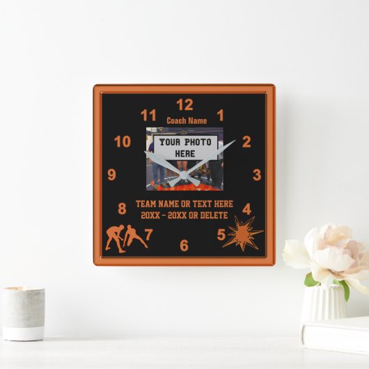 黒とオレンジのレスリングコーチギフト写真、文字 スクエア壁時計 (ホーム)