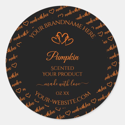 黒とオレンジのワードクラウド製品ラベルのハート ラウンドシール (正面)