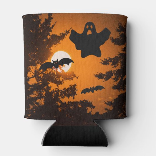 黒とオレンジの不気味ハロウィーンの夜景 缶クーラー (裏面)