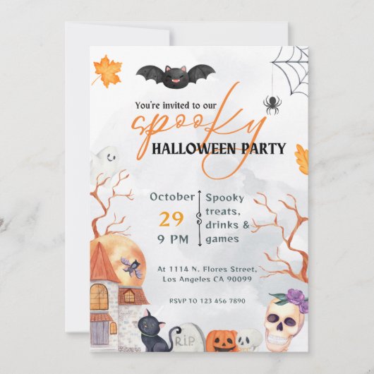 黒とオレンジの不気味ハローウィンパーティ招待状 招待状 (正面)