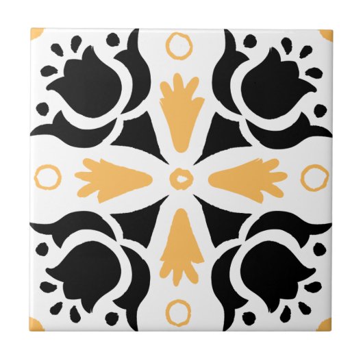 黒とオレンジの入り組んだ花柄 タイル (正面)