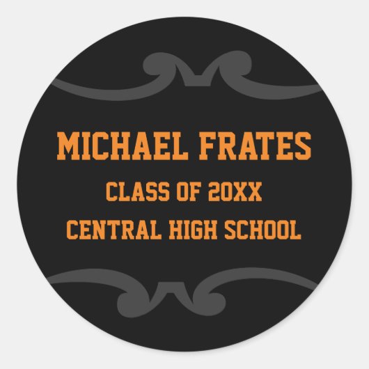 黒とオレンジの卒業ステッカーテンプレート ラウンドシール (正面)