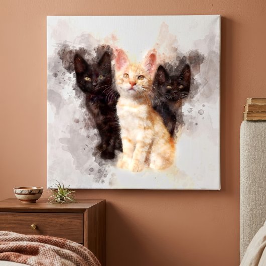 黒とオレンジの可愛い子猫の水彩画トリオ キャンバスプリント
