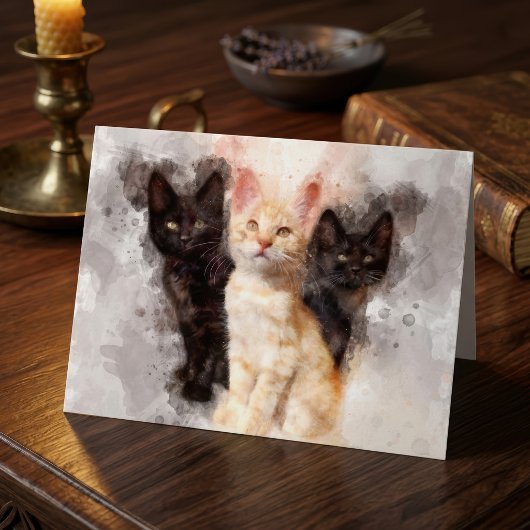 黒とオレンジの可愛い子猫の水彩画トリオ サンキューカード