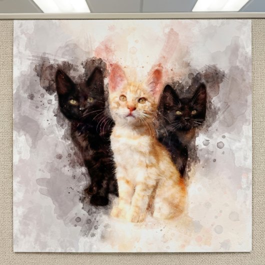 黒とオレンジの可愛い子猫の水彩画トリオ ポスター
