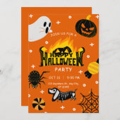 黒とオレンジの図よくはしゃぐ示ハロウィーン 招待状 (正面/裏面)