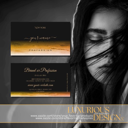 黒とオレンジの大理石パターンシャドウフォント モダン 名刺