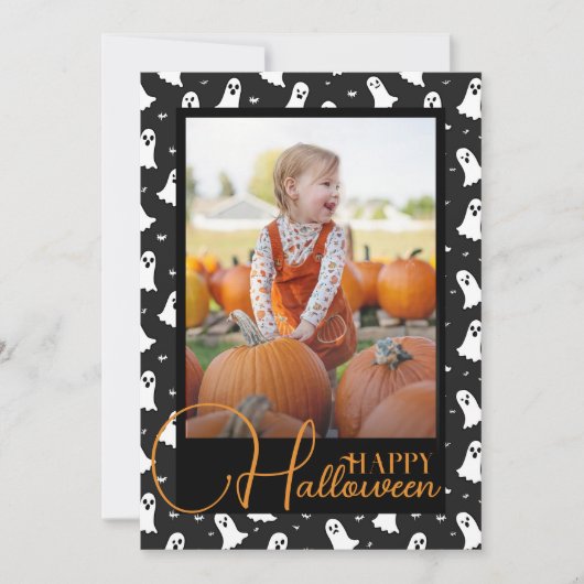 黒とオレンジの幽霊のハロウィンカスタムの写真 シーズンカード (正面)