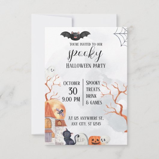 黒とオレンジの水カラーハッピーハローウィン 招待状 (正面)