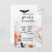 黒とオレンジの水カラーハッピーハローウィン 招待状 (正面/裏面)