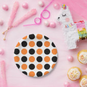 黒とオレンジの水玉模様 ペーパープレート (パーティー)