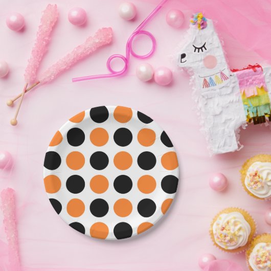 黒とオレンジの水玉模様 ペーパープレート (パーティー)