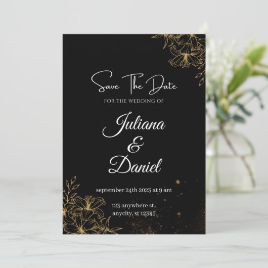 黒とオレンジの美的結婚式招待状 招待状 (スタンド正面)