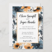 黒とオレンジの花 水彩 結婚式 招待状 (正面)