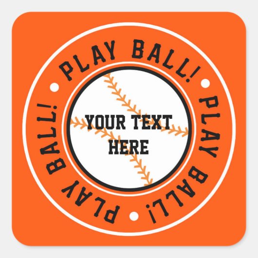 黒とオレンジの野球PLAY BALLパーティーステッカー スクエアシール (正面)