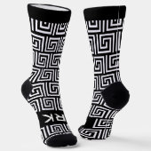 黒とカッコいい白のギリシャ語鍵のmeanderパターン名 ソックス (傾斜あり)