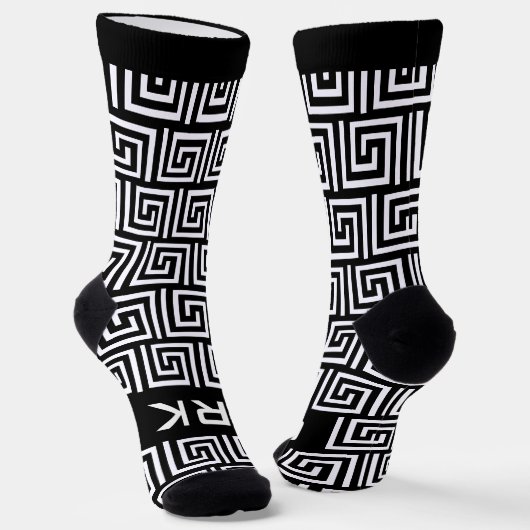 黒とカッコいい白のギリシャ語鍵のmeanderパターン名 ソックス (傾斜あり)