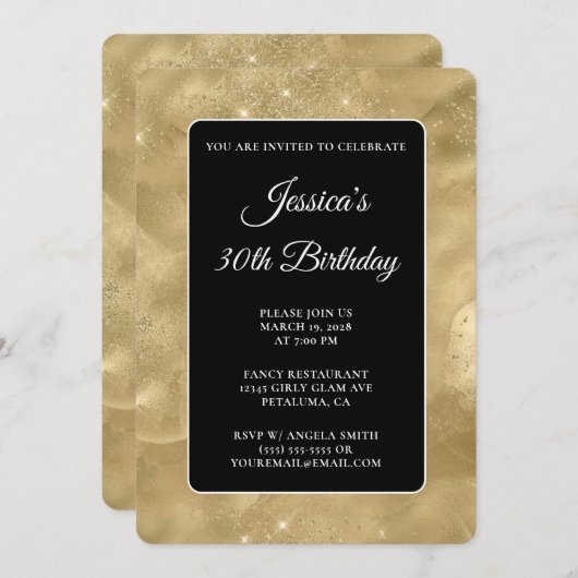 黒とキラキラの金ゴールドインク30th誕生日 招待状 (正面/裏面)