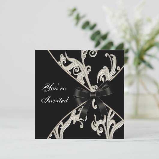黒とクリームの渦巻きパーティの招待状 招待状 (スタンド正面)