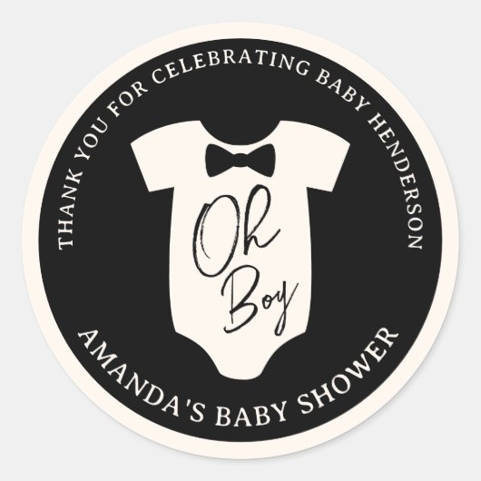 黒とクリームの蝶ネクタイ赤ちゃんシャワー ラウンドシール (正面)