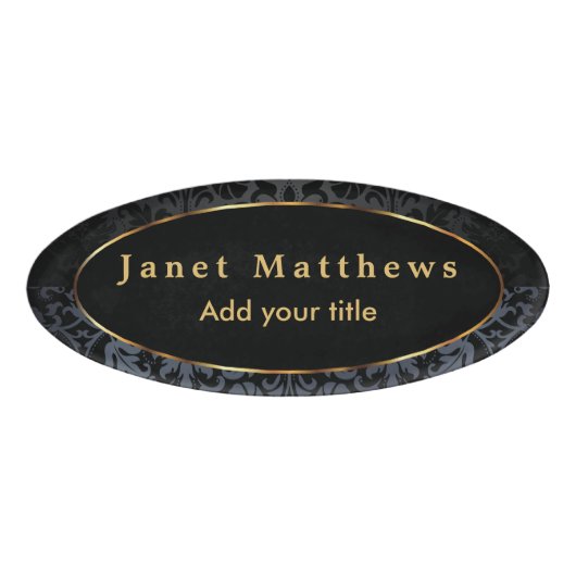 黒とグレーのダマスクと金ゴールドトリムデザイン 名札 (正面)