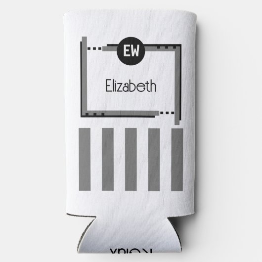 黒とグレーの追加イニシャル名ストライプ名 スリム缶クーラー (裏面)