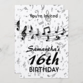 黒とグレーの音楽ノートの誕生日パーティー 招待状 (正面/裏面)